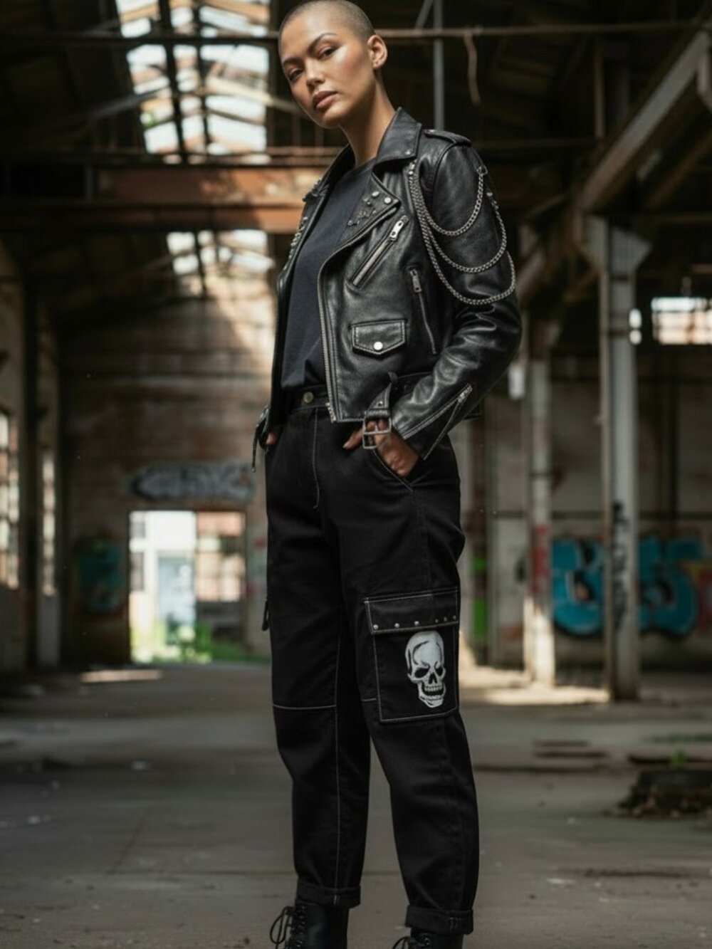 Romwe Skull Utility Grunge Ring Studd XL Leg Black Pants